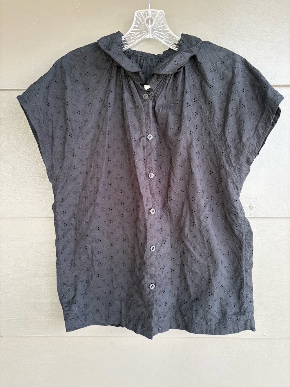 A Shirt Thing Black Eyelet Lace Button Up Short Sleeve Top